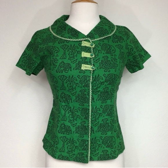 Vintage Green Tribal Print Short Sleeve Linen Jacket Size XS Casual Tropical - Picture 1 of 13